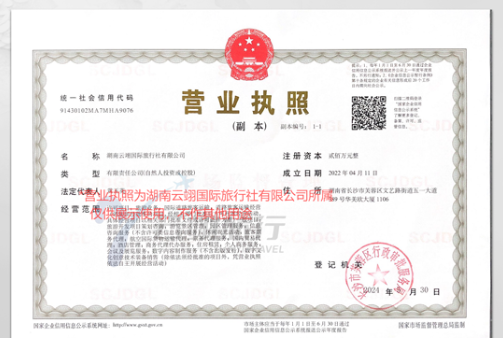 营业执照 (副本) - 湖南云翊国际旅行社有限公司 (91430102MA7M1HA9076)